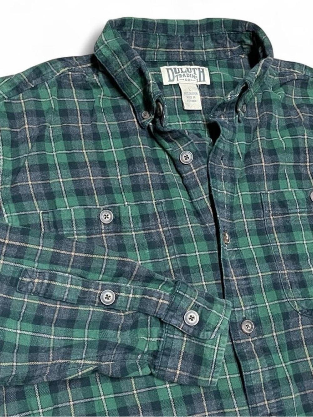 Duluth Trading Co Men Large Green Plaid Long Sleeve Button Down Shirt Cotton
